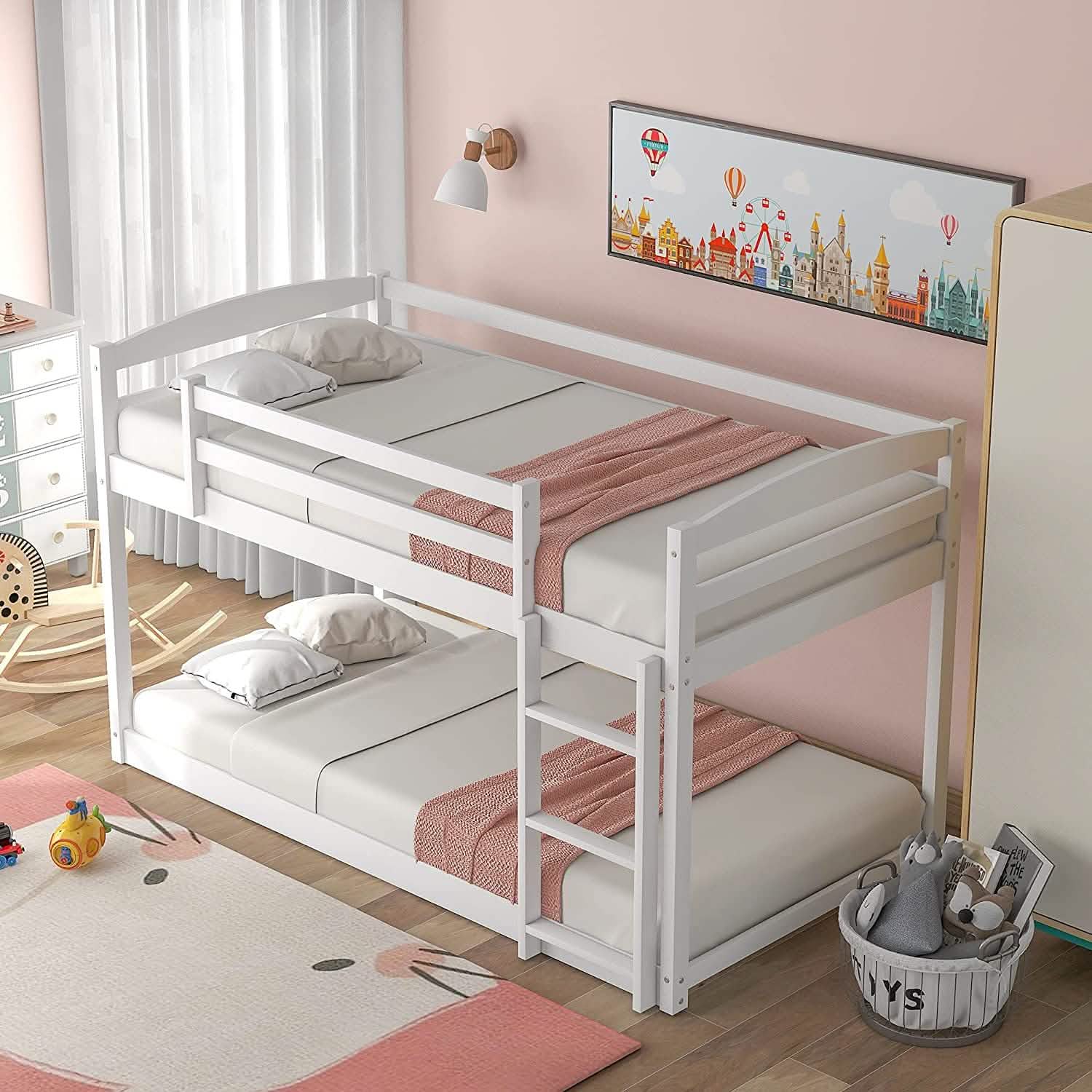 Twin Over Twin Floor Bunk Bed with Ladder