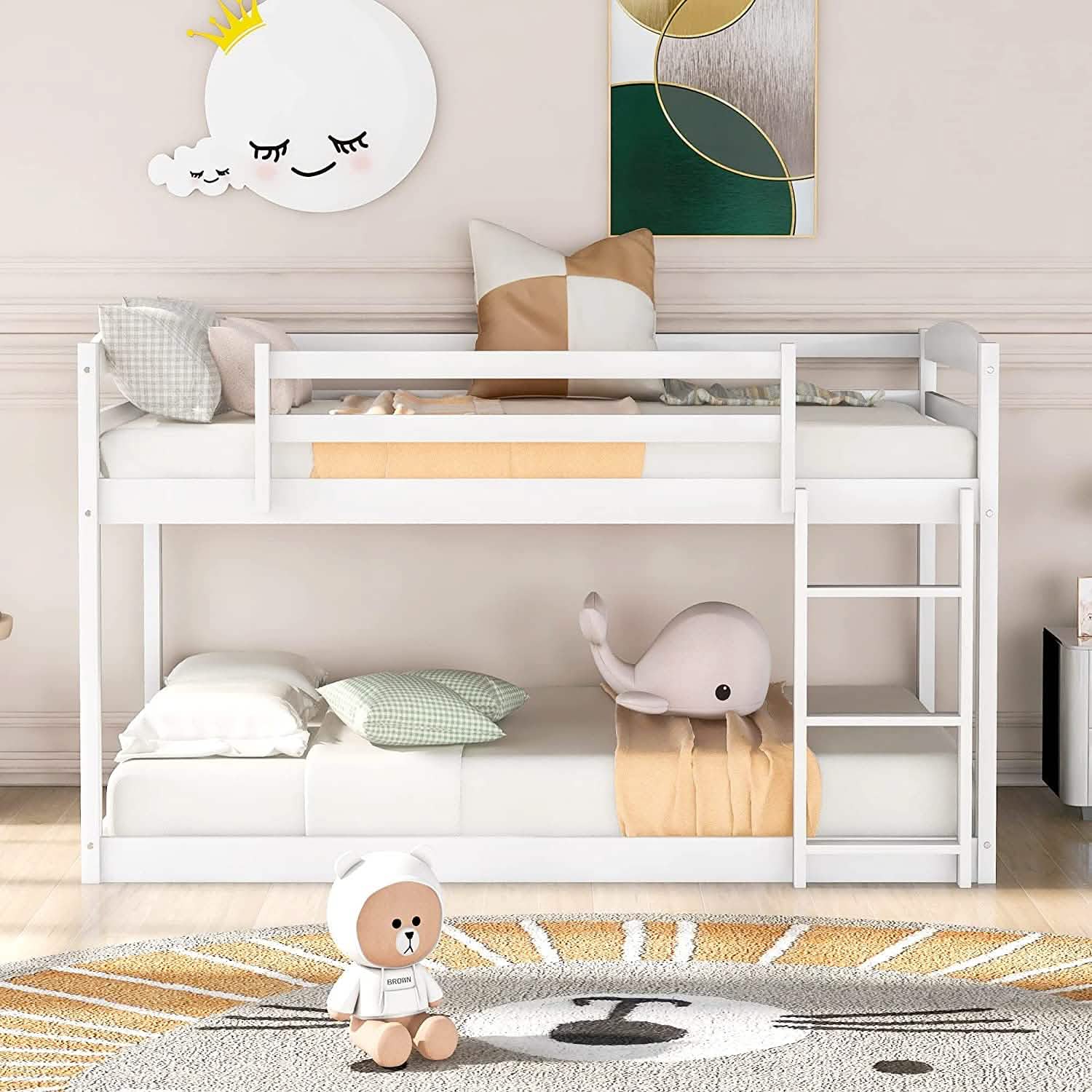 Twin Over Twin Floor Bunk Bed with Ladder