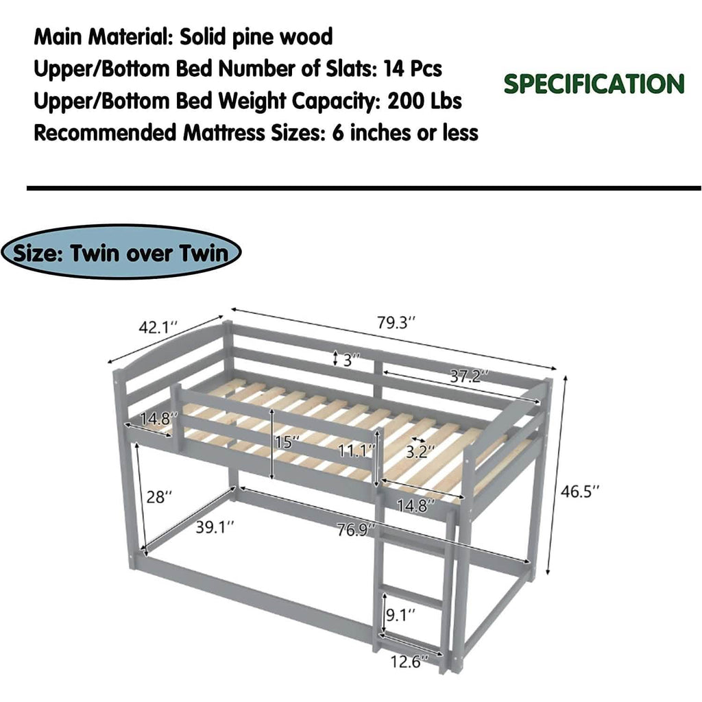 Twin Over Twin Floor Bunk Bed with Ladder