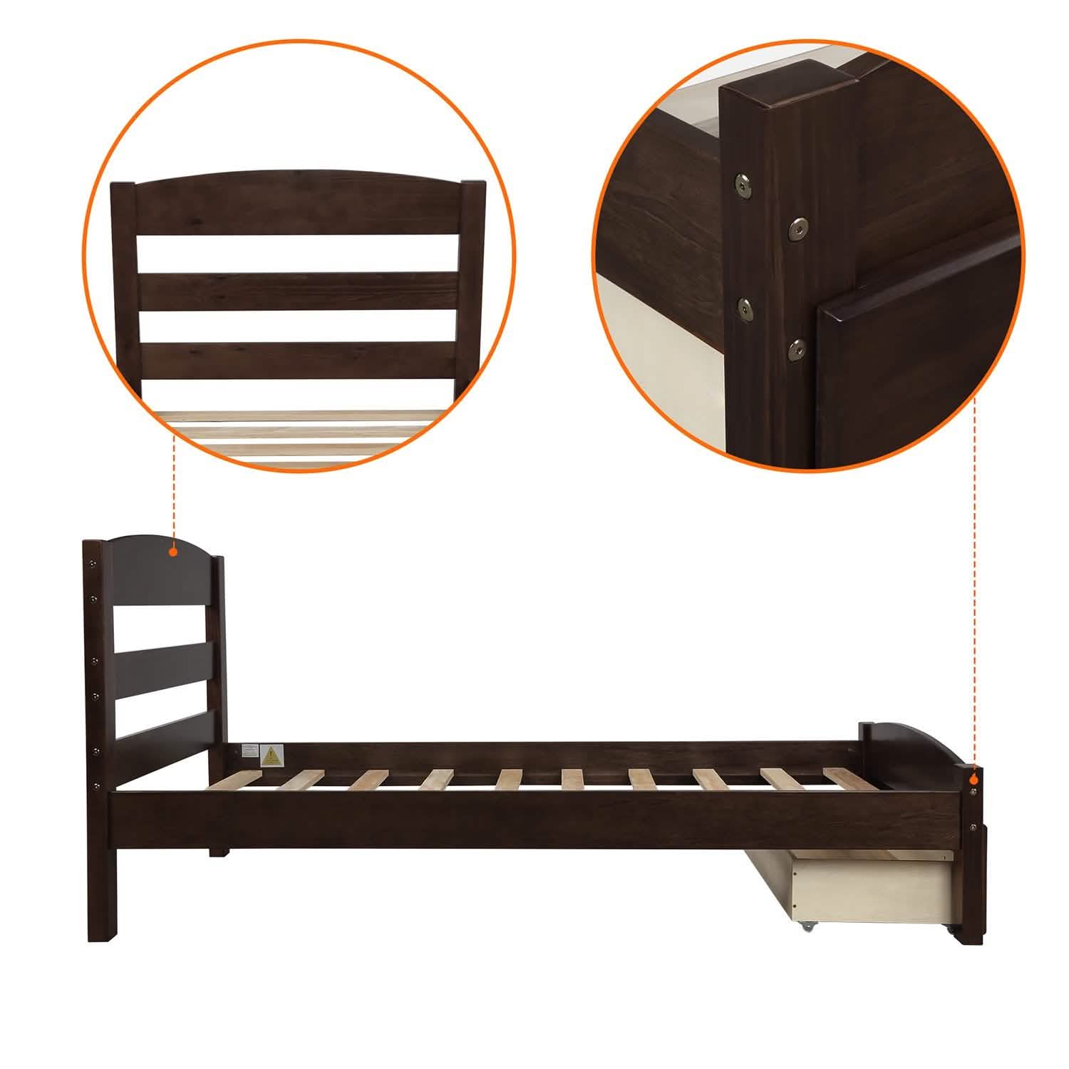 Twin Platform Bed Frame with Storage Drawer Headboard