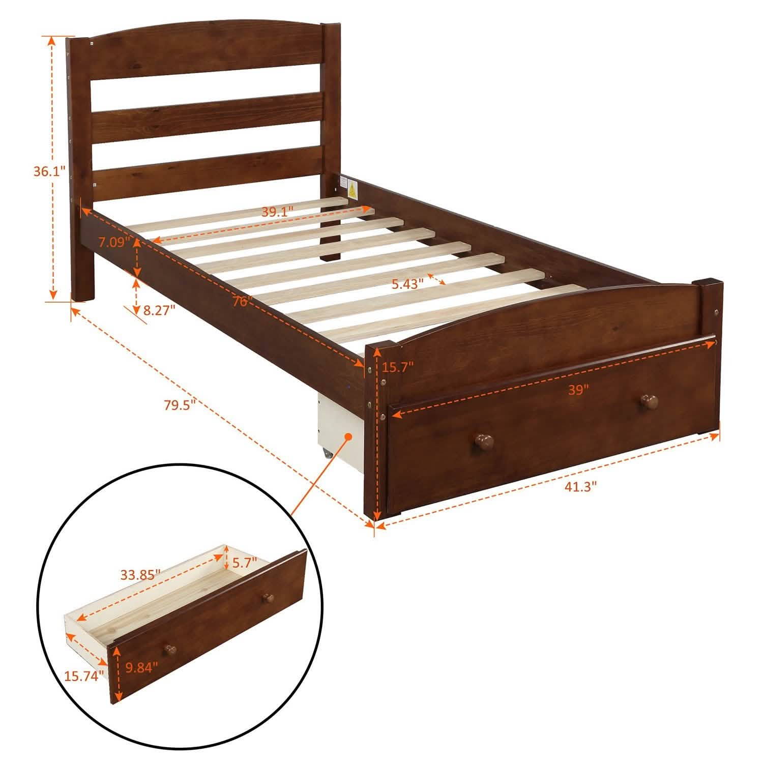 Twin Platform Bed Frame with Storage Drawer Headboard