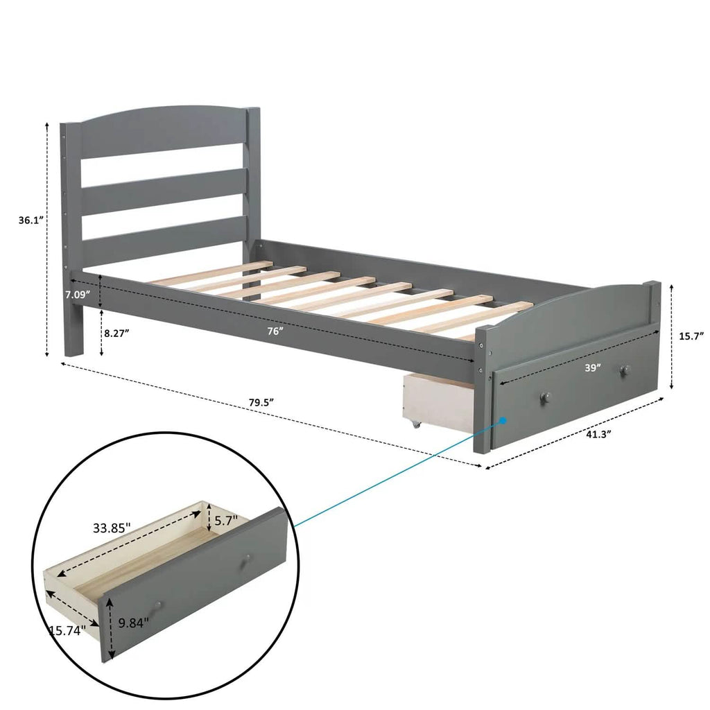 Twin Platform Bed Frame with Storage Drawer Headboard