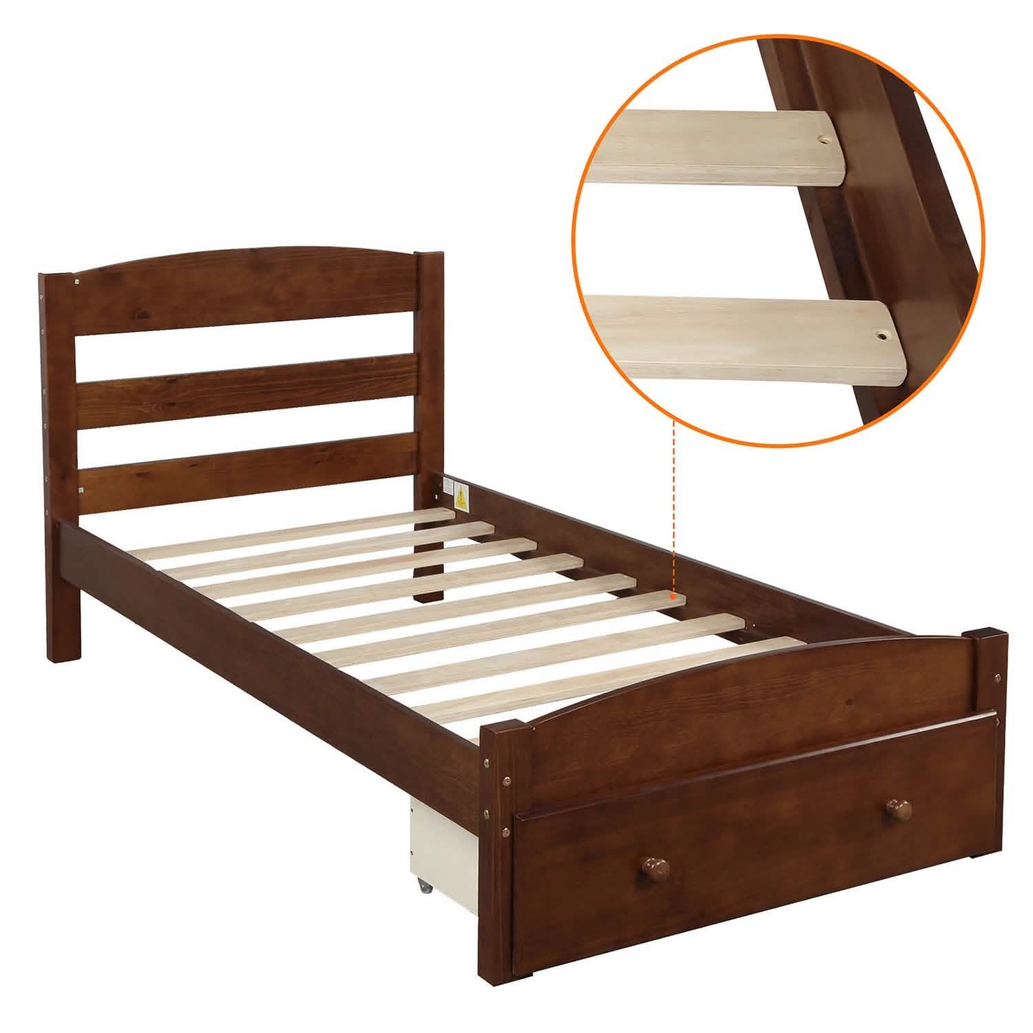 Twin Platform Bed Frame with Storage Drawer Headboard