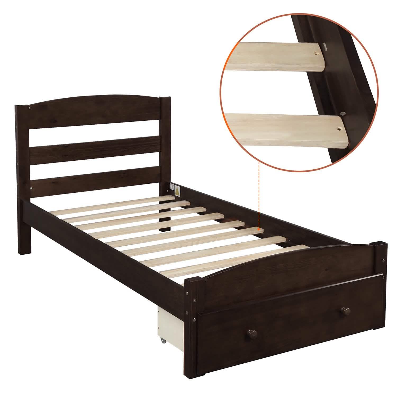 Twin Platform Bed Frame with Storage Drawer Headboard