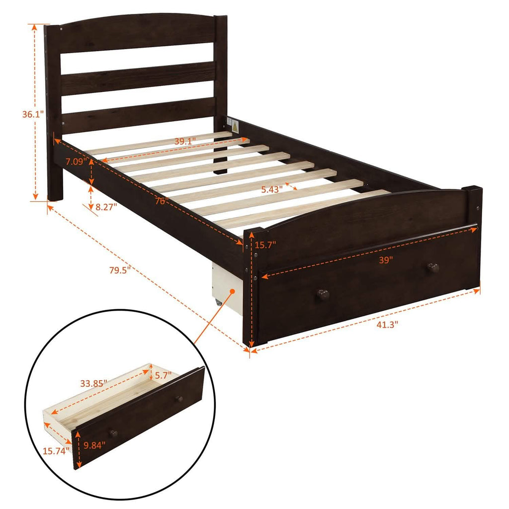 Twin Platform Bed Frame with Storage Drawer Headboard