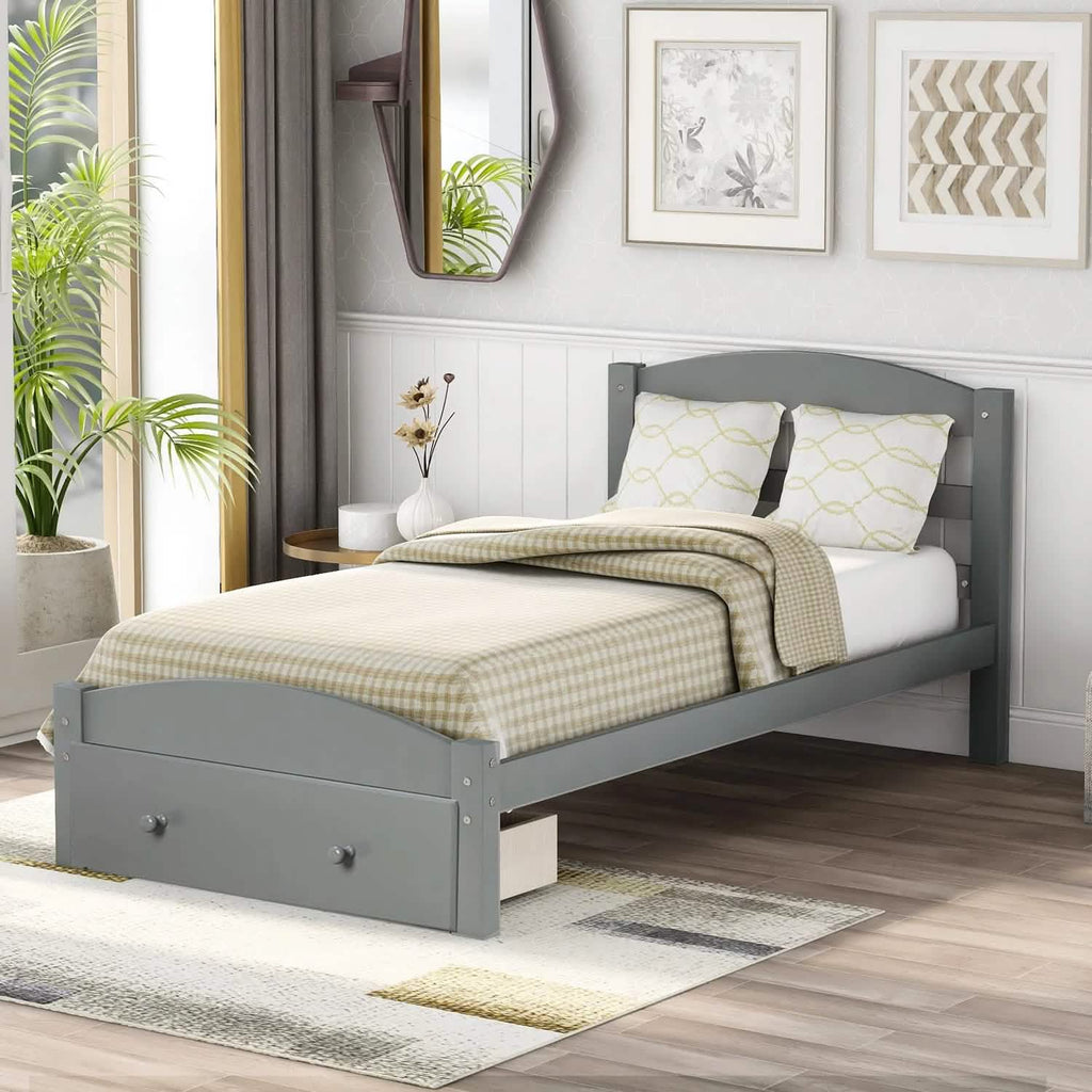 Twin Platform Bed Frame with Storage Drawer Headboard