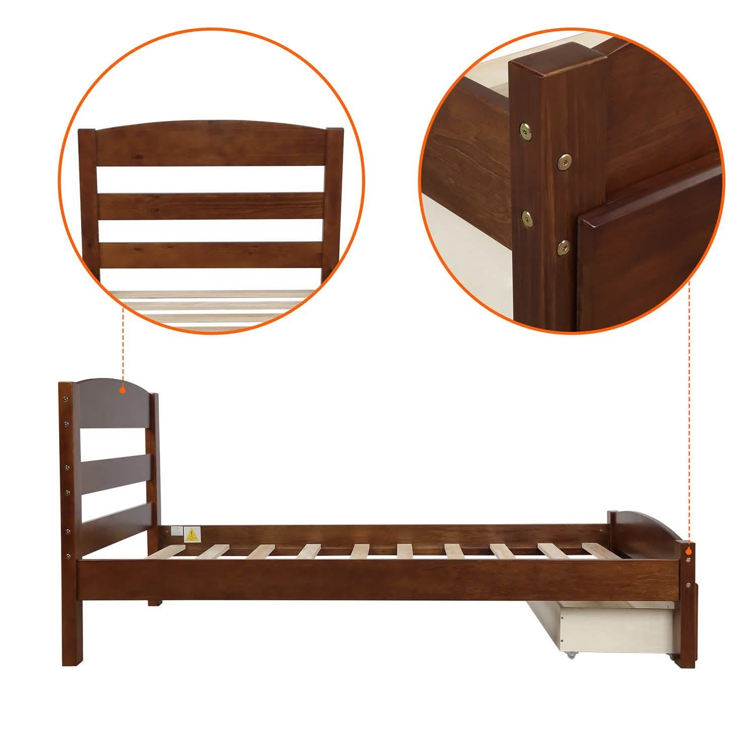 Twin Platform Bed Frame with Storage Drawer Headboard