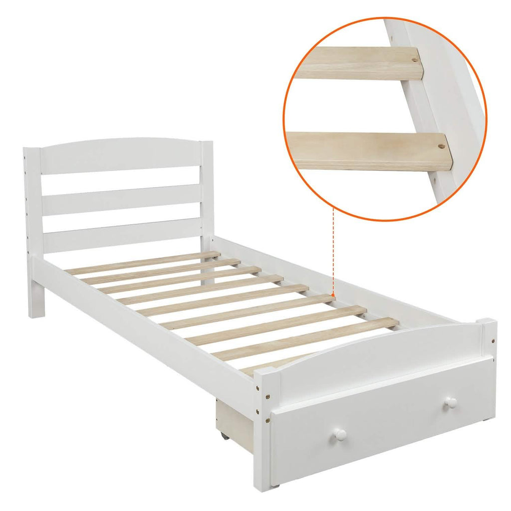 Twin Platform Bed Frame with Storage Drawer Headboard