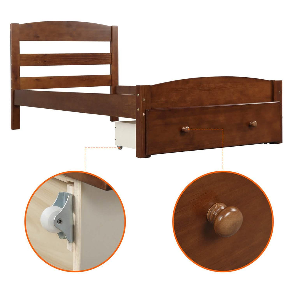 Twin Platform Bed Frame with Storage Drawer Headboard