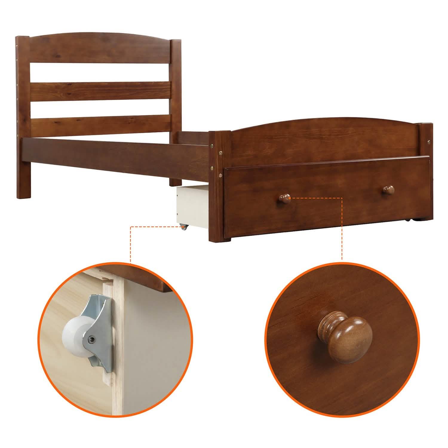 Twin Platform Bed Frame with Storage Drawer Headboard