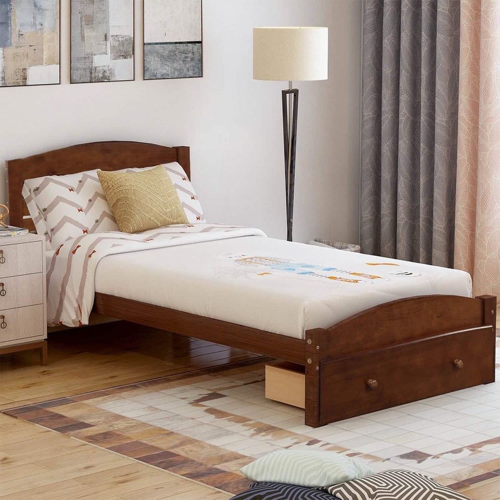 Twin Platform Bed Frame with Storage Drawer Headboard