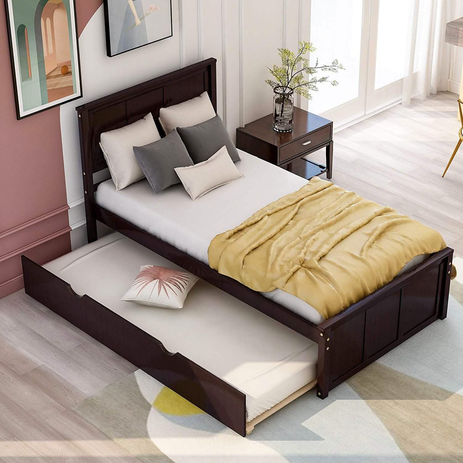 Twin Size Platform Bed with A Trundle