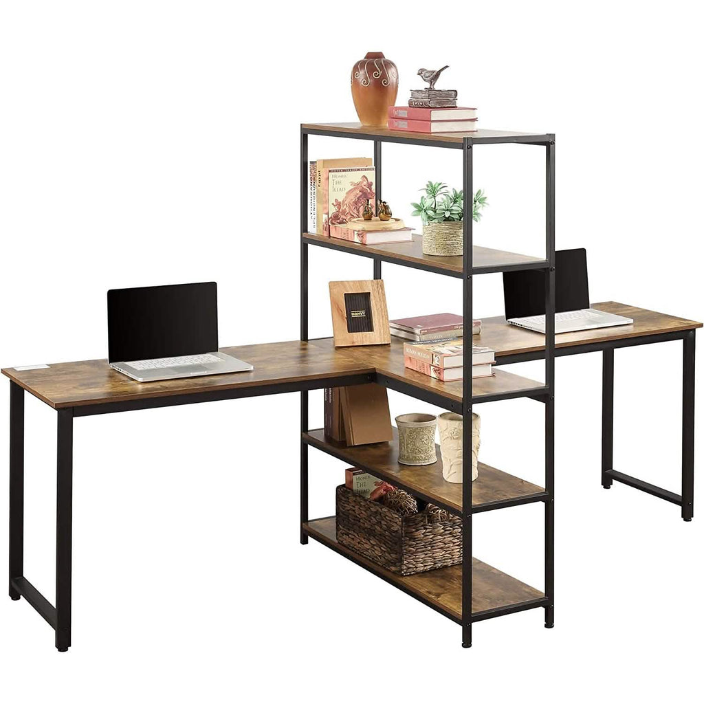 Two Person Computer Desk with Bookshelf Wood and Metal
