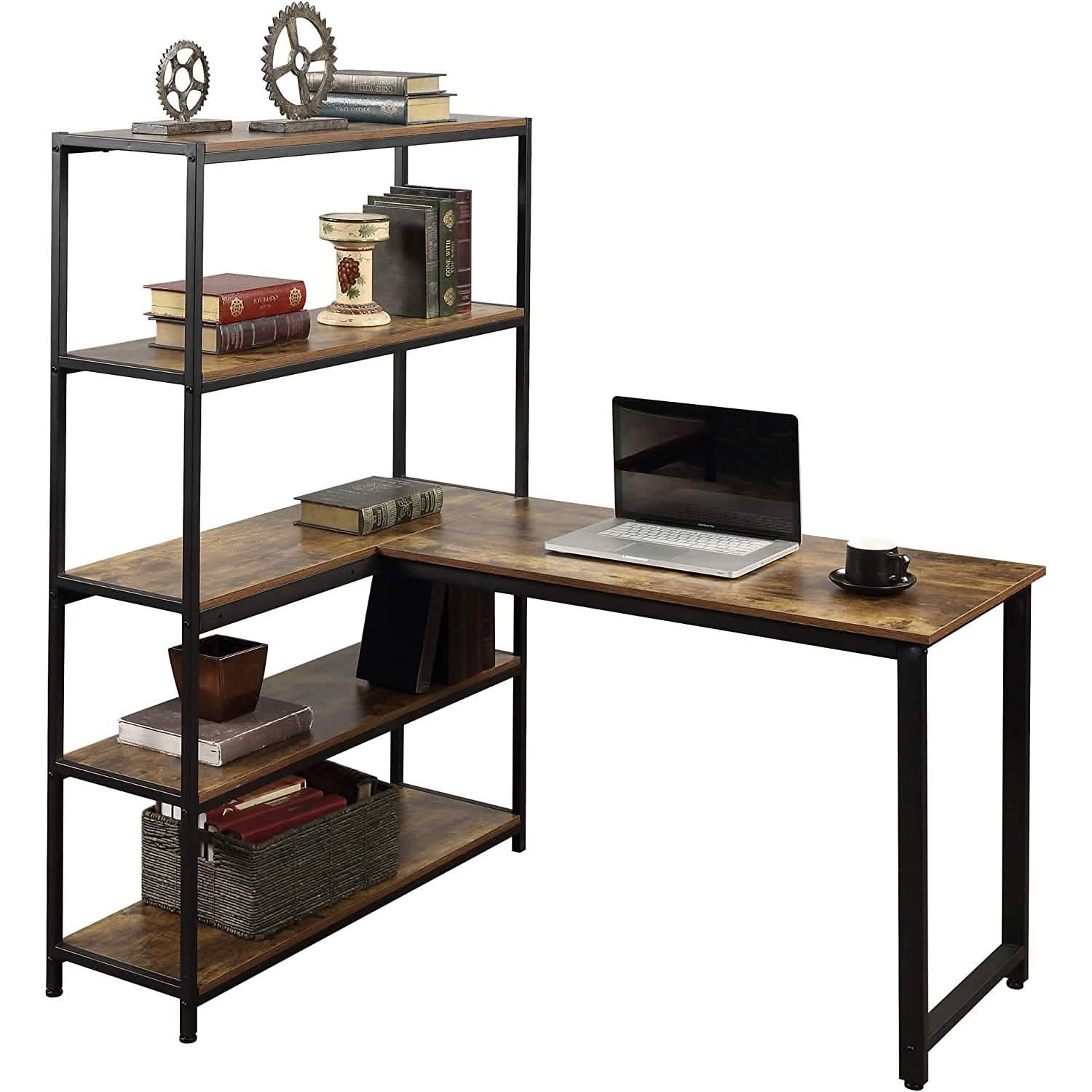 Two Person Computer Desk with Bookshelf Wood and Metal