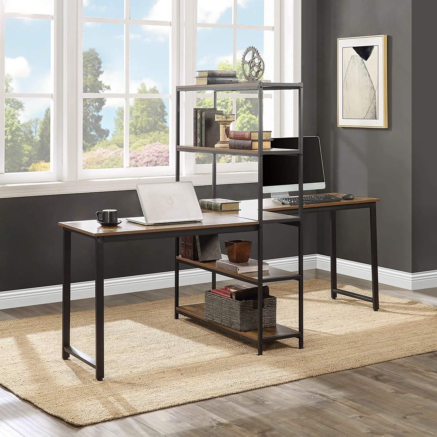 Two Person Computer Desk with Bookshelf Wood and Metal