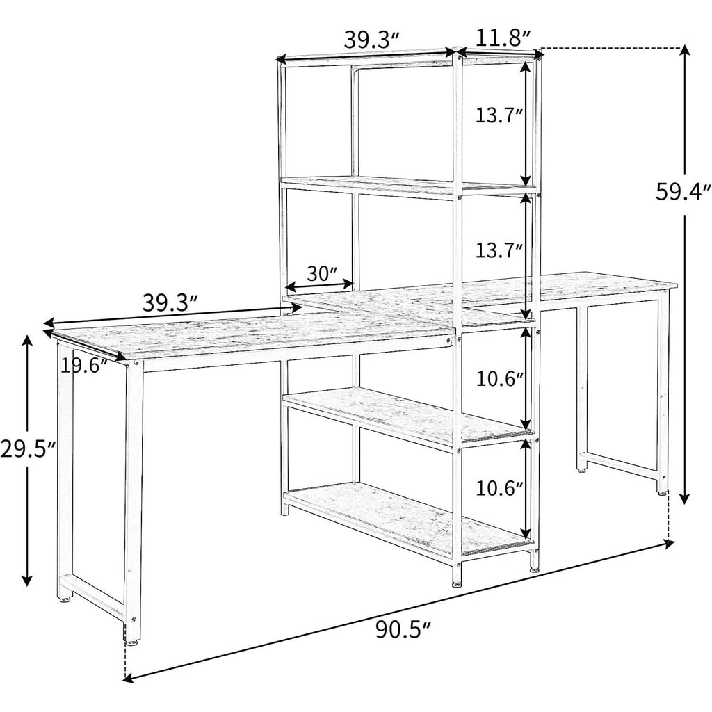 Two Person Computer Desk with Bookshelf Wood and Metal