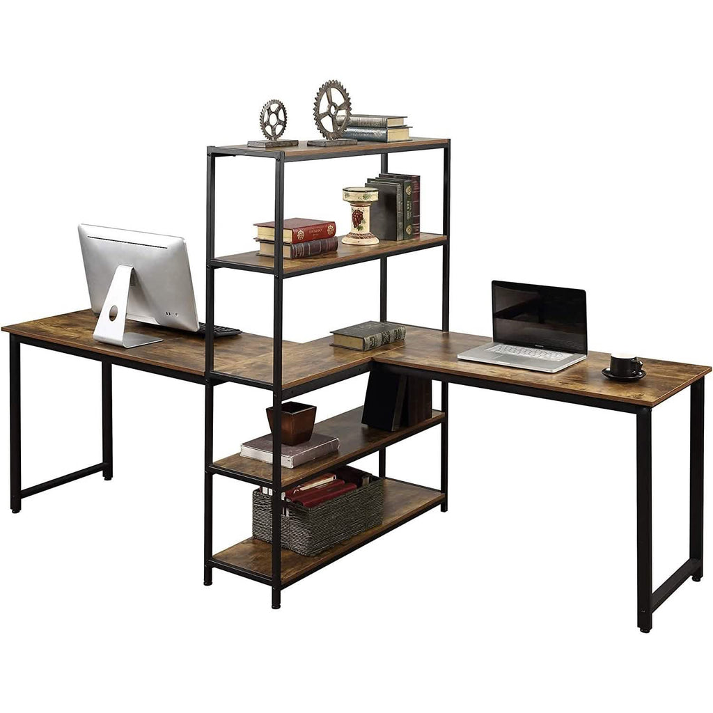 Two Person Computer Desk with Bookshelf Wood and Metal