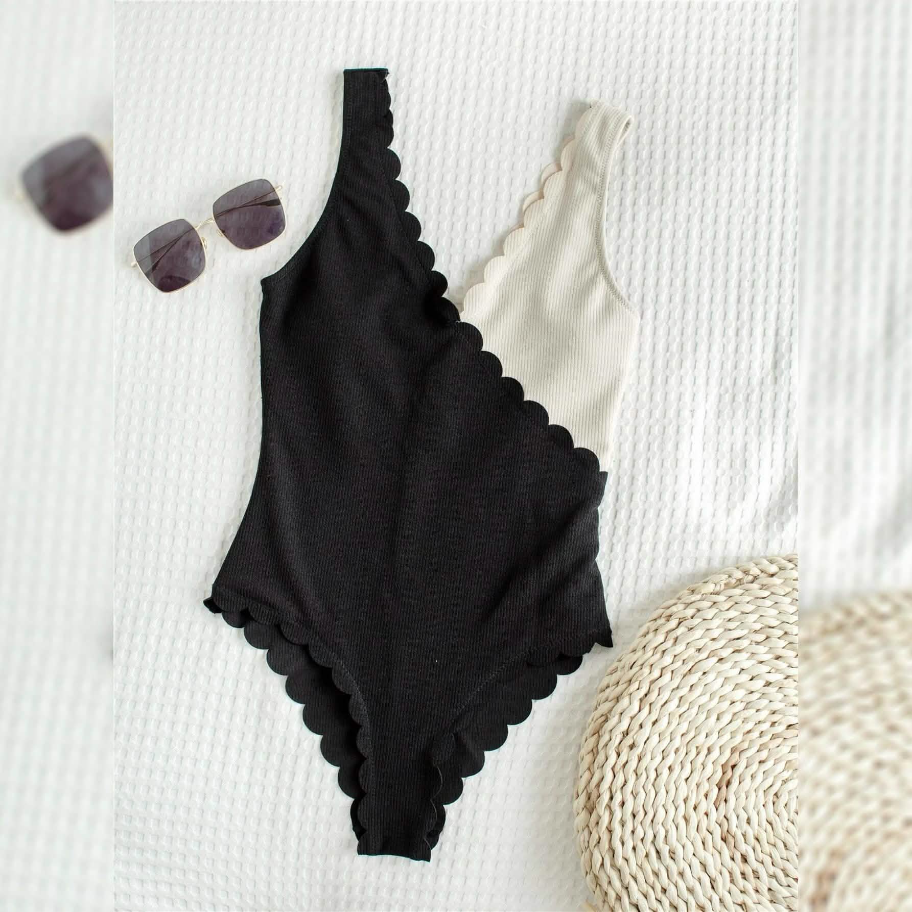Two Tone Scallop Trim One Piece Swimsuit