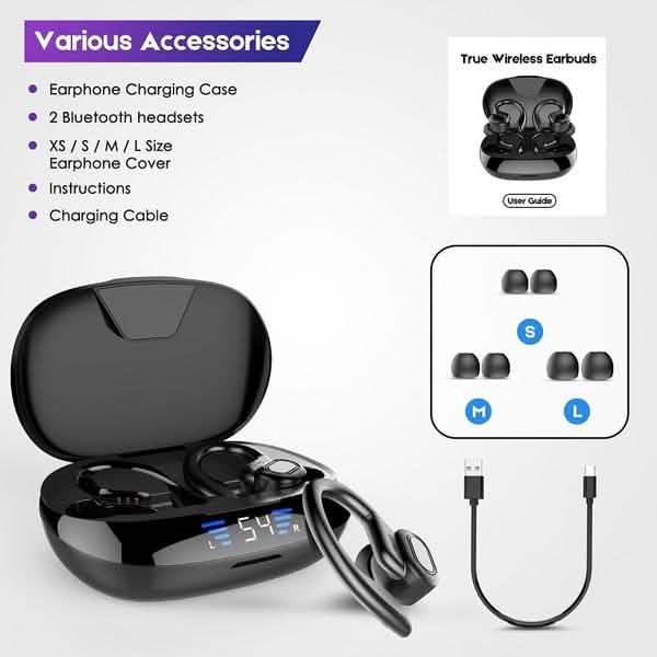 TWS Bluetooth Earphones with Microphones Sport Ear Hook LED Display