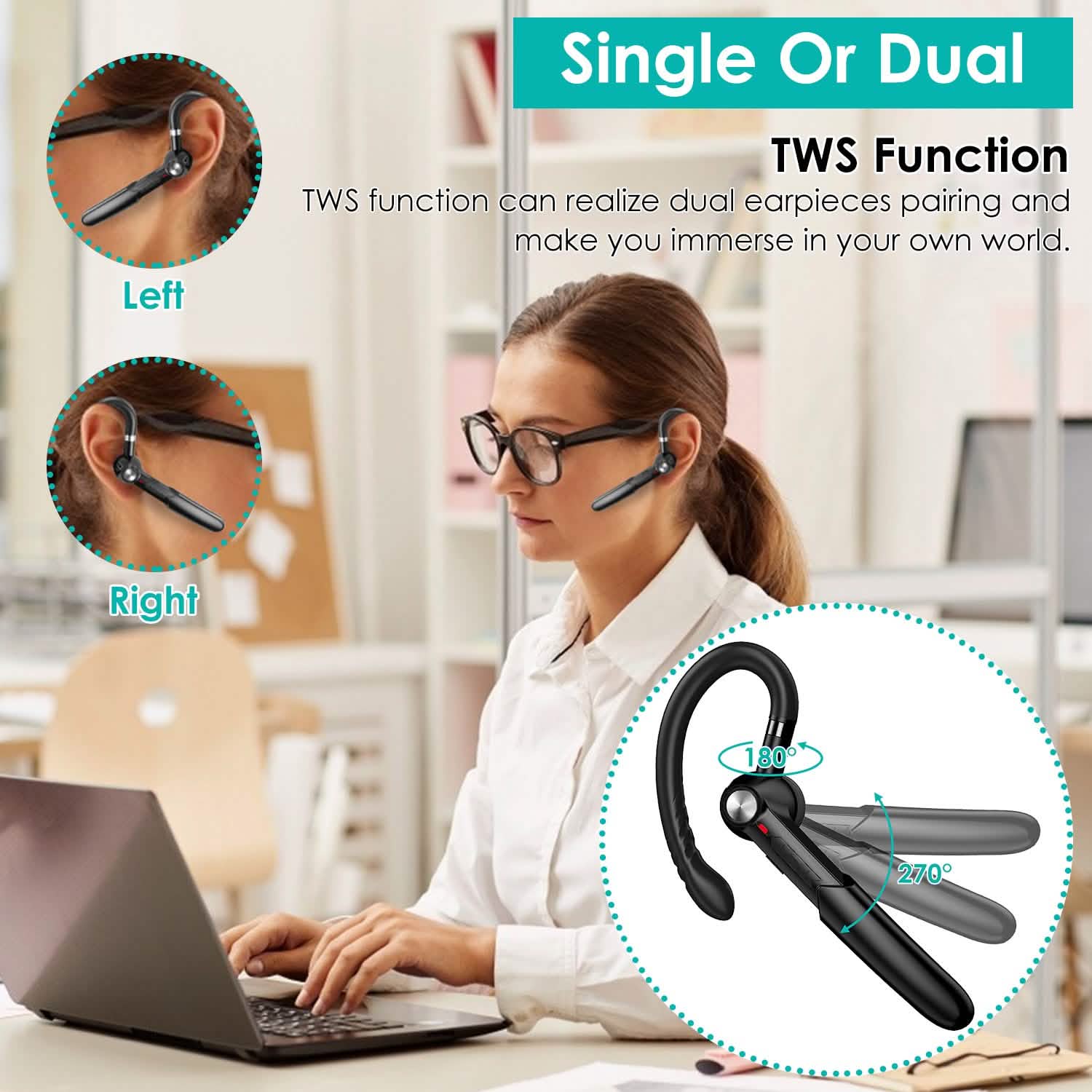 Unilateral V5.0 Wireless in-Ear Headset with Hook