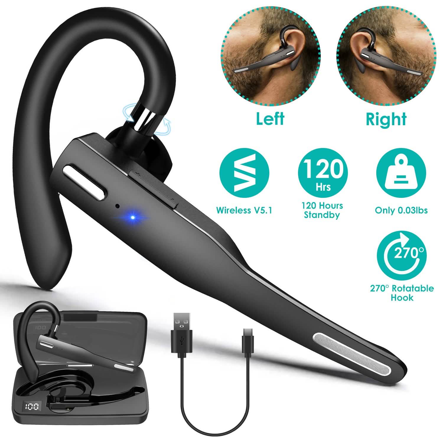 Unilateral Wireless V5.1 Business Earpiece with Charging Case