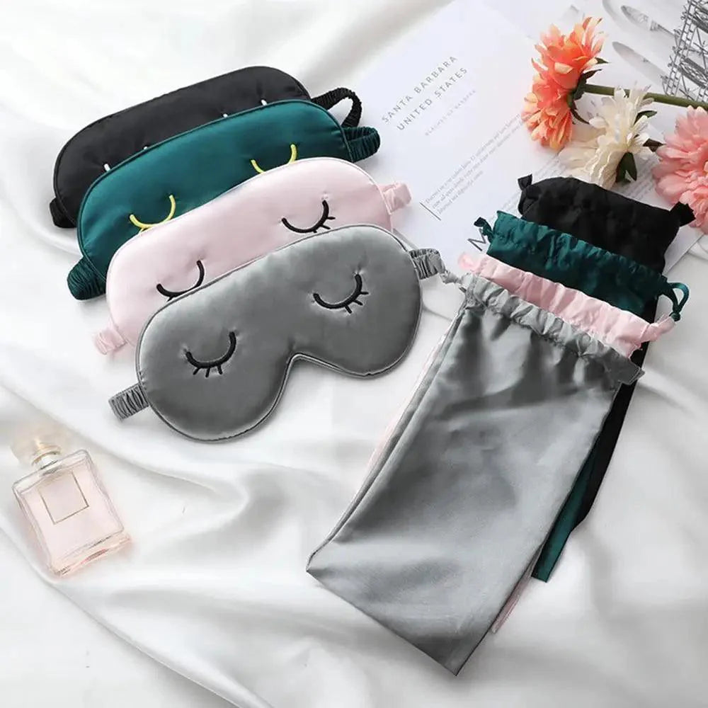 Unique Design Eyelash Embroidery Imitated Silk Sleeping Eye Masks Shading Patch Cover Blindfold With Adjustable Strap Travel Relax Eye Care Tools With Bag