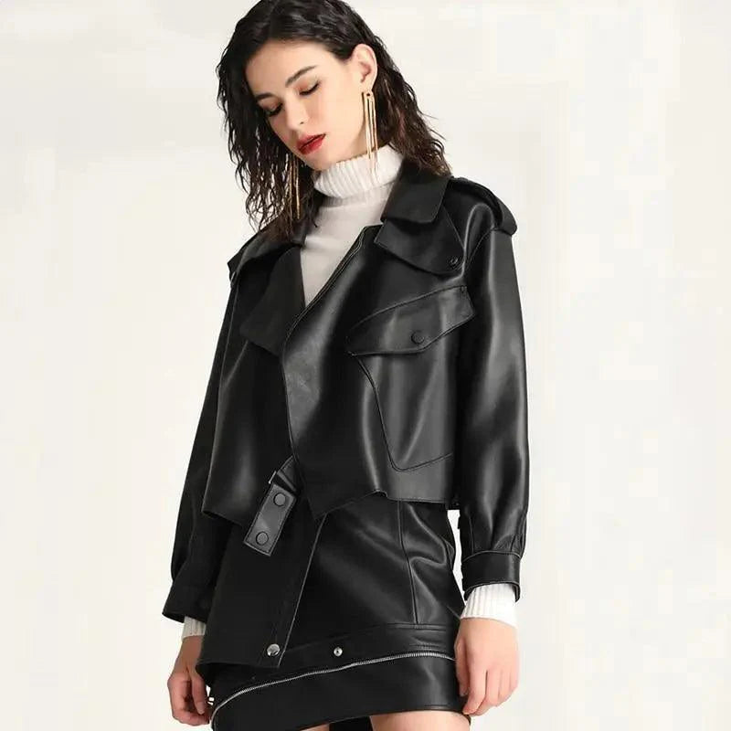 Unique Design Faux Leather Jacket Women Loose Soft Vintage Motorcycle Biker Coat Short Pu Leather Coat Female Punk Autumn Streetwear Outwear