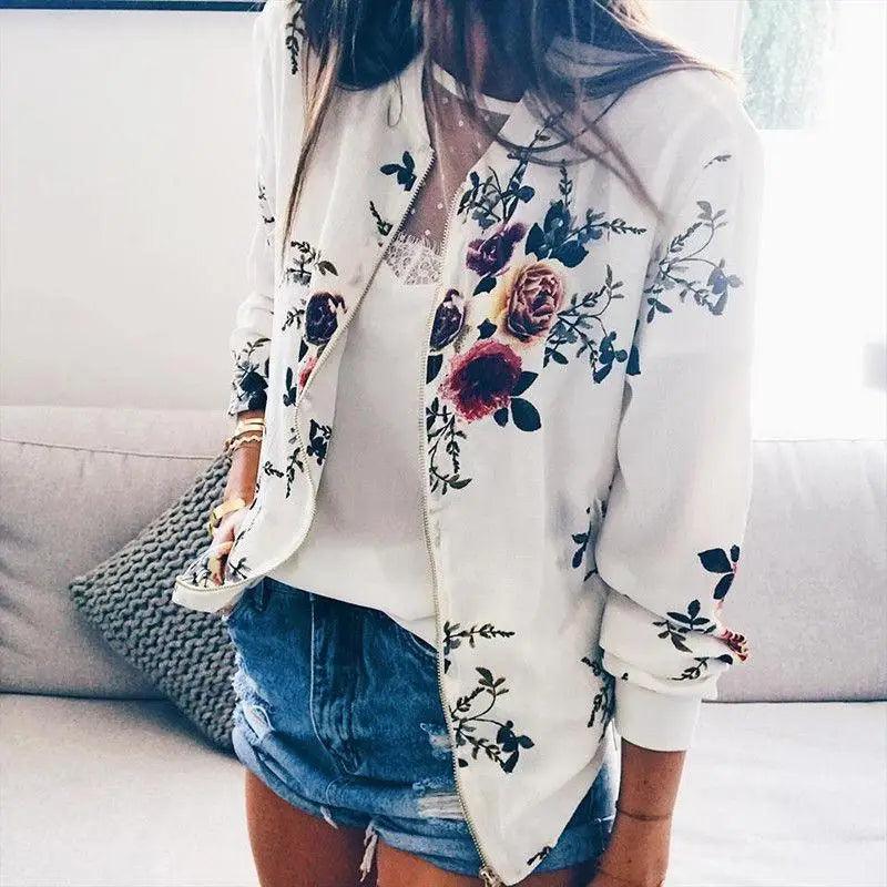Unique Nature Design Women's jackets Floral Printed Ladies Zipper Up Bomber Outwear Spring Long Sleeve Short Thin Slim Casual Pocket Biker Coats