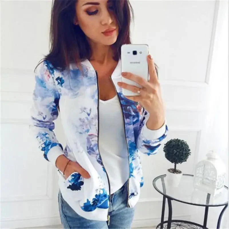 Unique Nature Design Women's jackets Floral Printed Ladies Zipper Up Bomber Outwear Spring Long Sleeve Short Thin Slim Casual Pocket Biker Coats