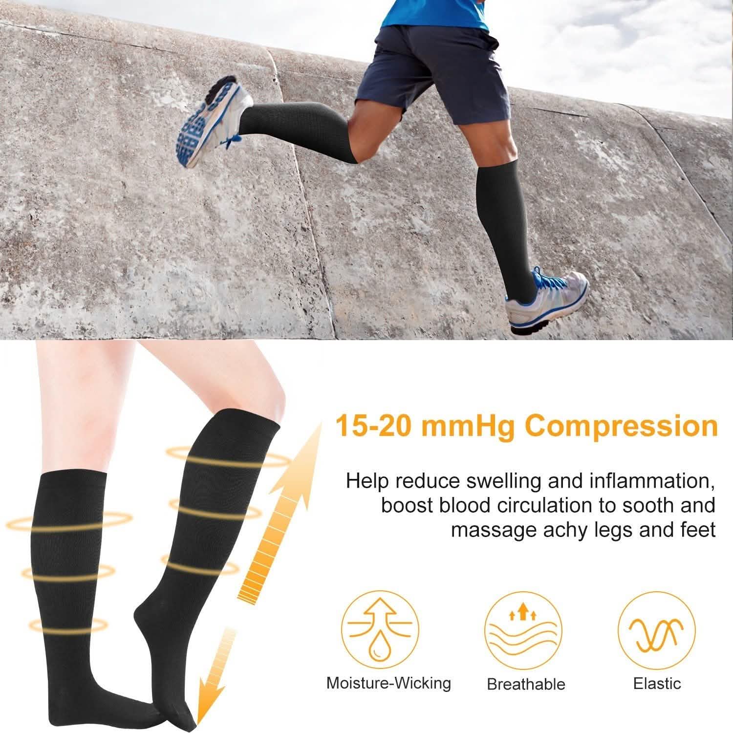 Unisex Compression Socks 15-20 mmHg Graduated Support Sports Fitness