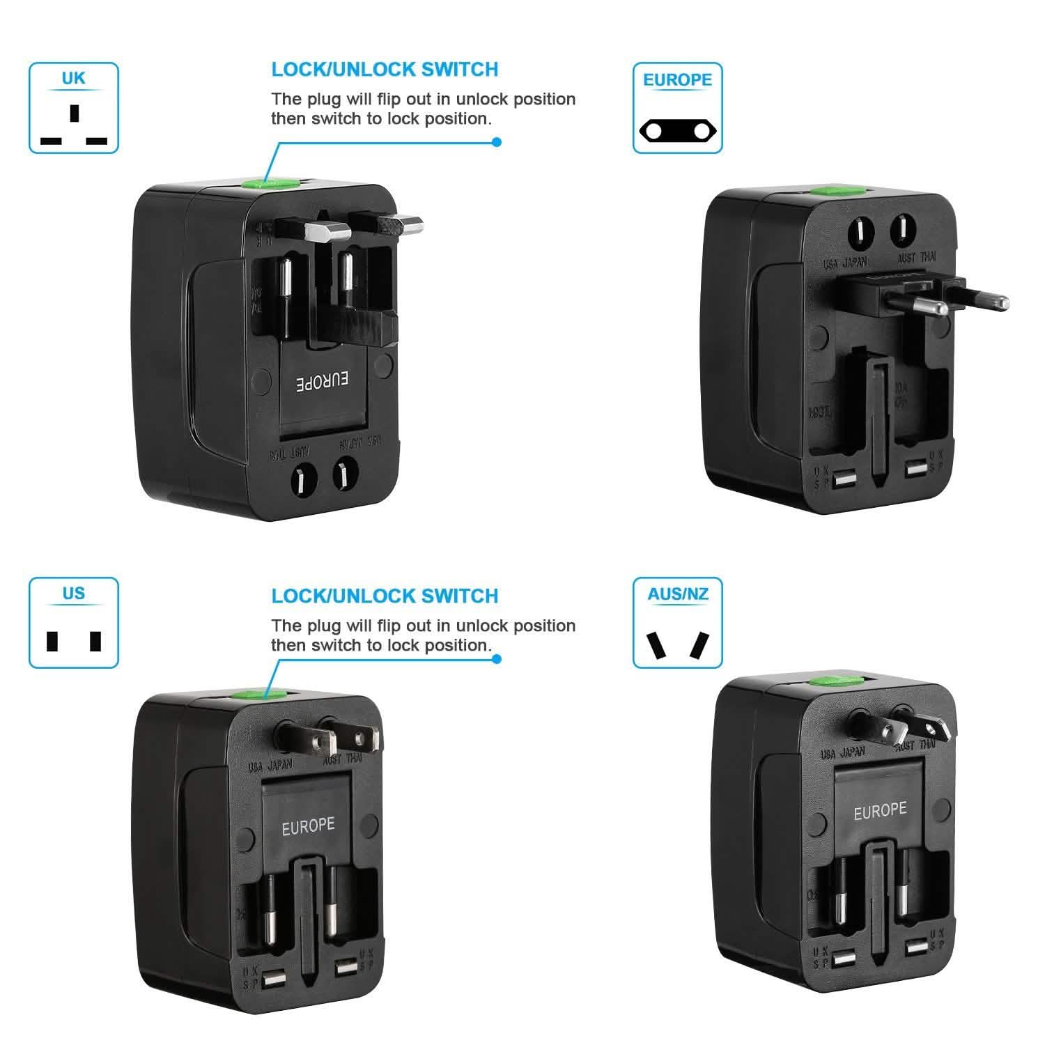 Universal Travel Adapter with 4 Interchangeable Plugs