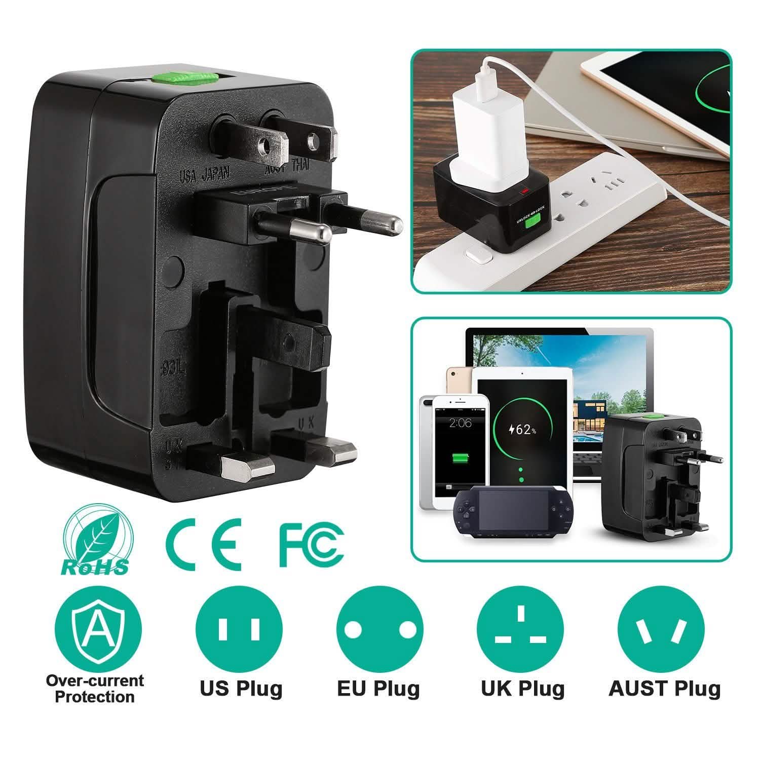 Universal Travel Adapter with 4 Interchangeable Plugs