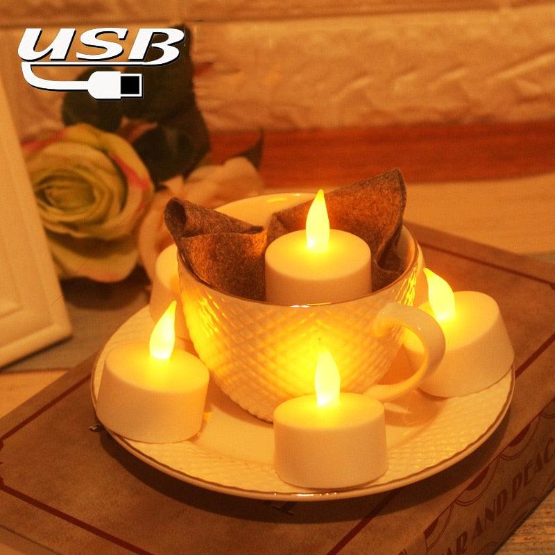 USB Charge One Piece Yellow Light LED Rechargeable Flameless Tea Light Candle With USB Flameless Flickering Candles Tea lights  Decoration Parties Weddings Family Dinner Outdoor Picnic Chargeable LED Battery Candles