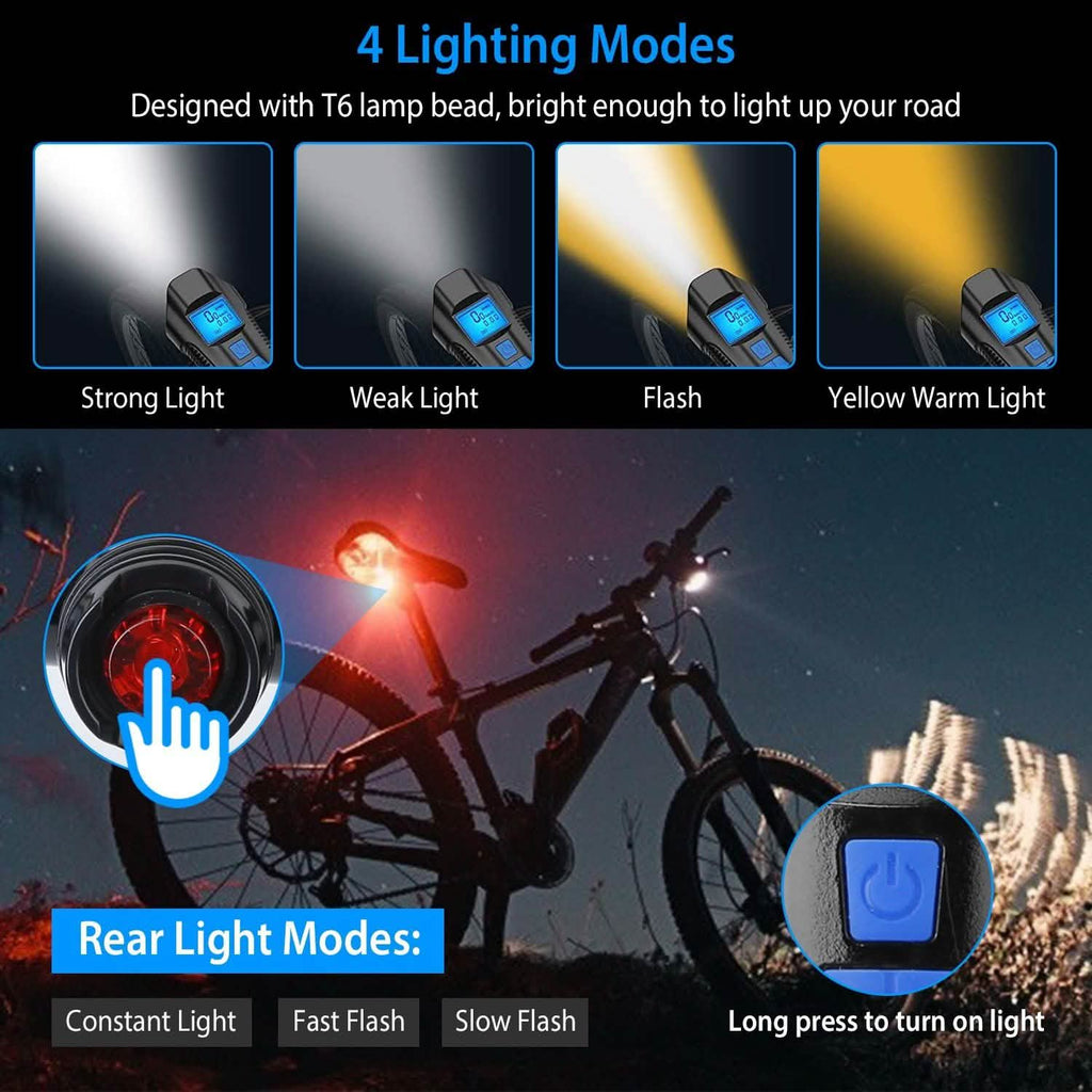 USB Rechargeable Bike Light Set with Speedometer and Odometer