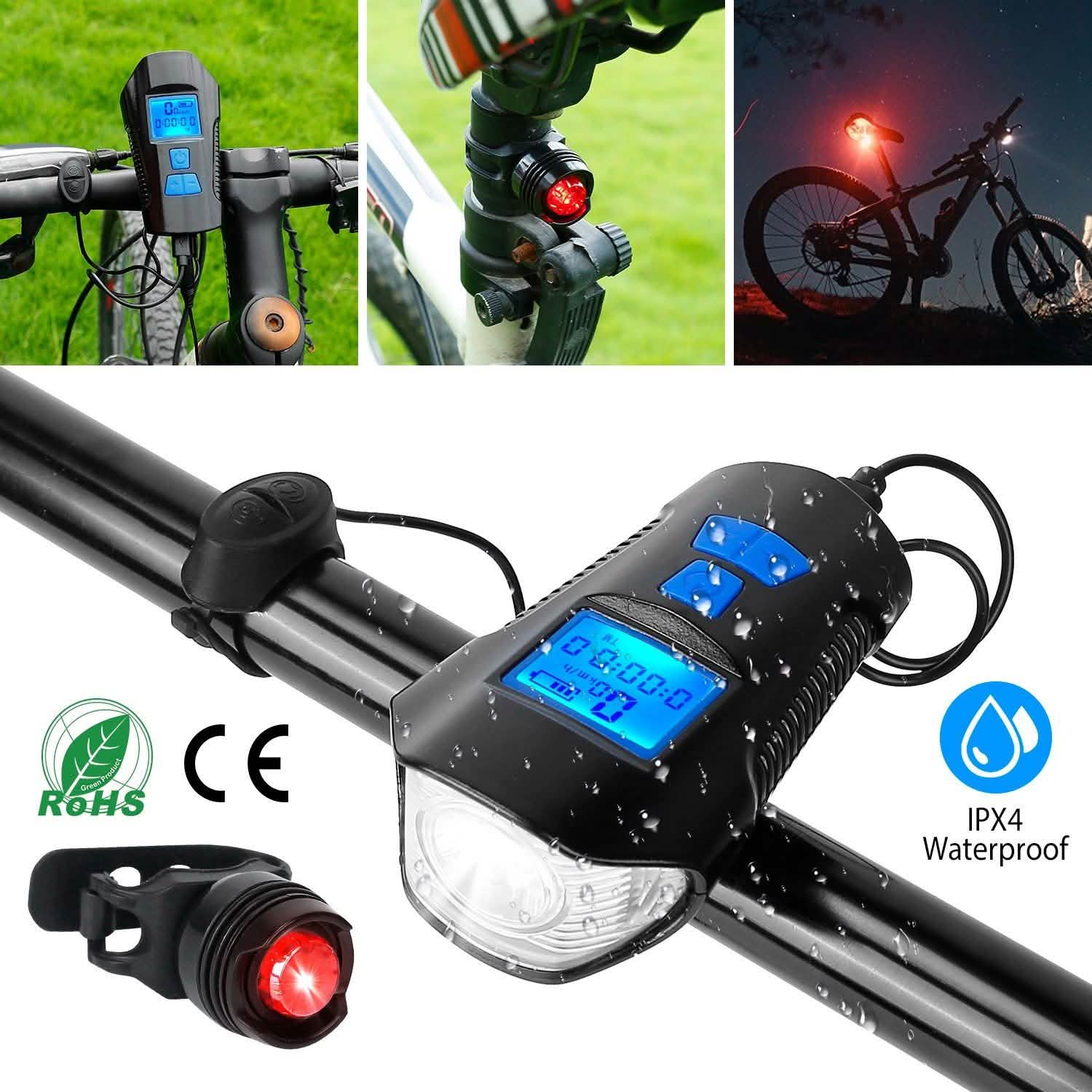 USB Rechargeable Bike Light Set with Speedometer and Odometer