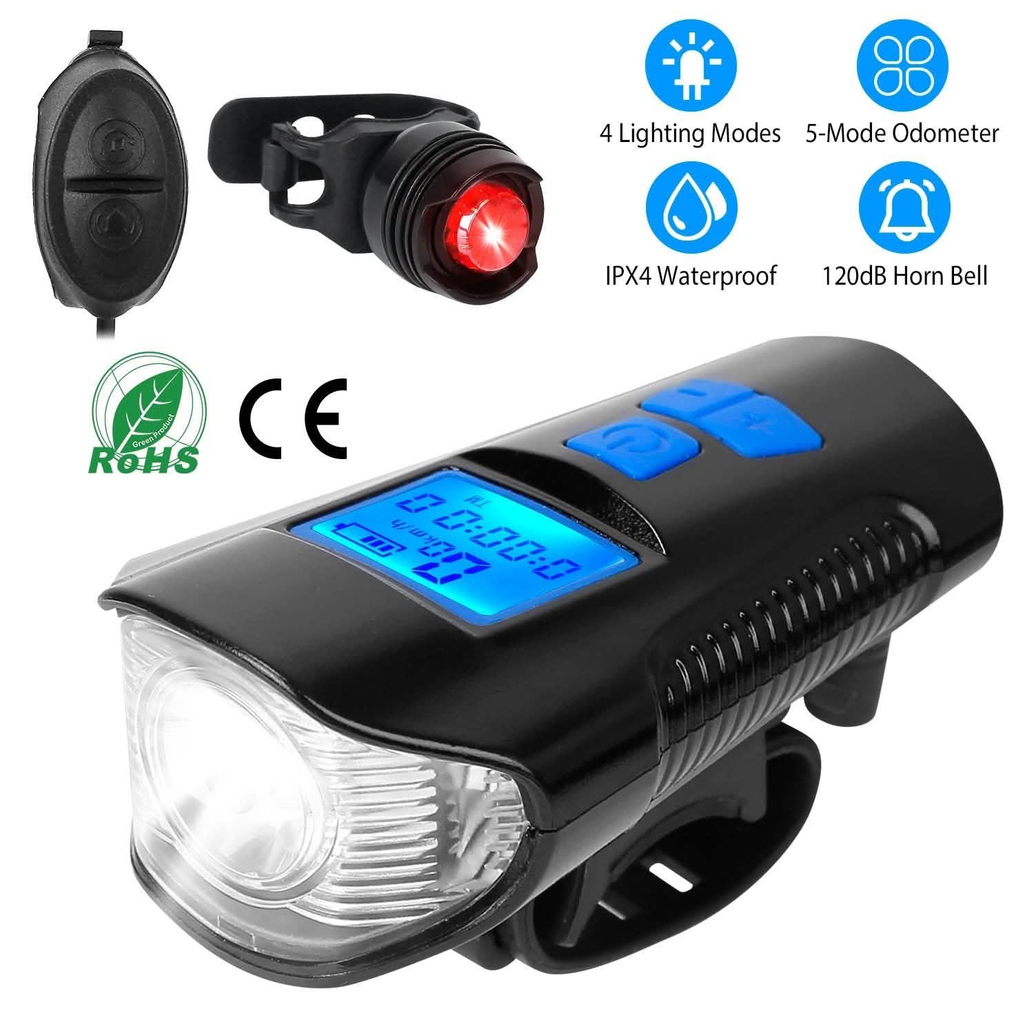 USB Rechargeable Bike Light Set with Speedometer and Odometer