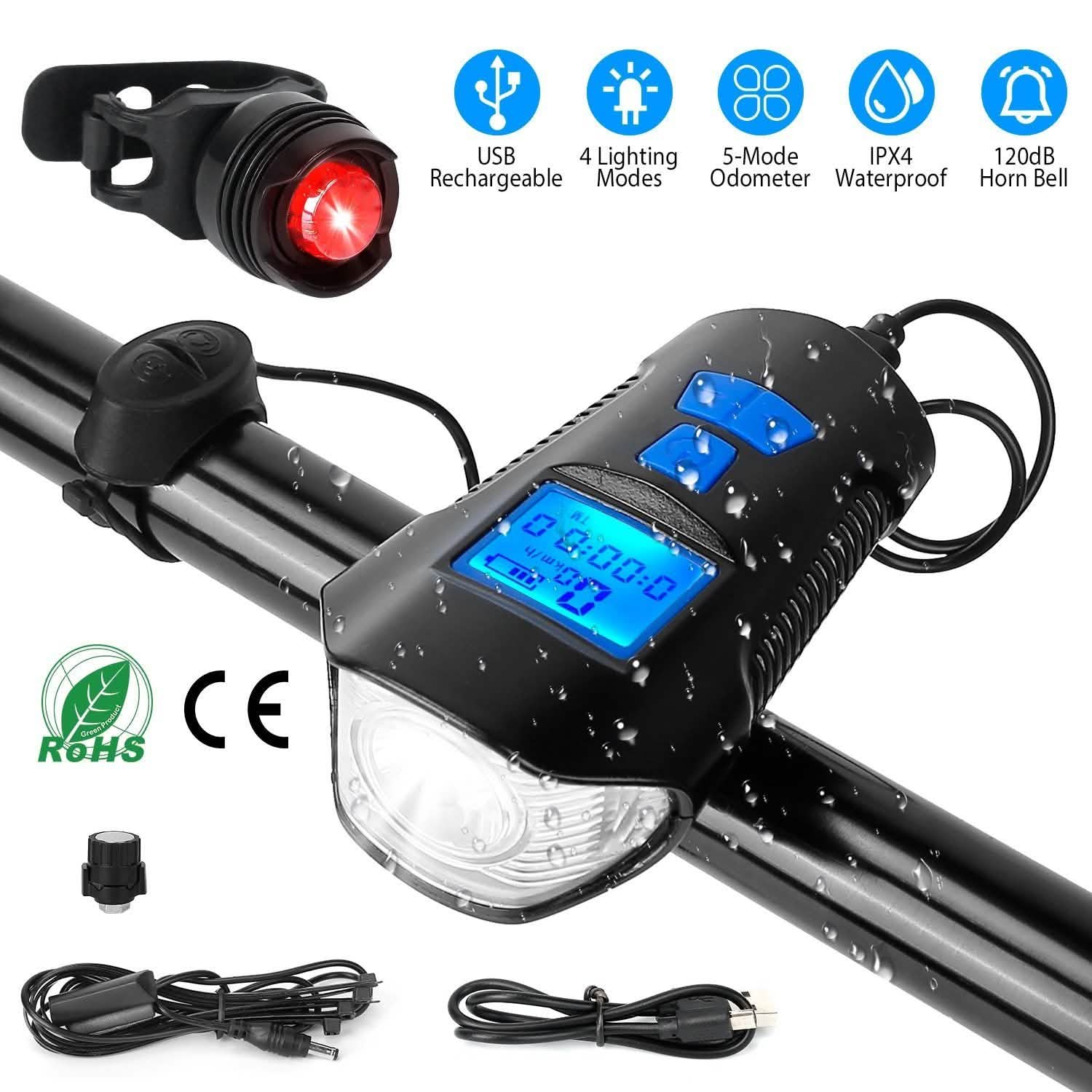 USB Rechargeable Bike Light Set with Speedometer and Odometer