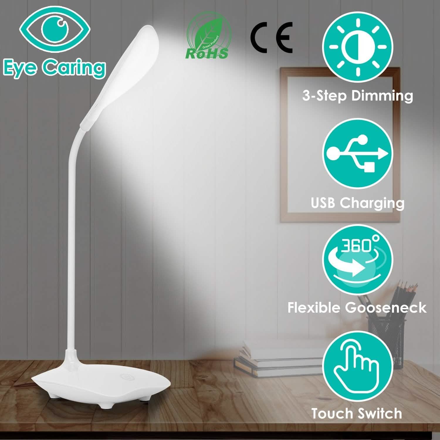 USB Rechargeable Table Lamp Dimmable LED Flexible Gooseneck Desk Light