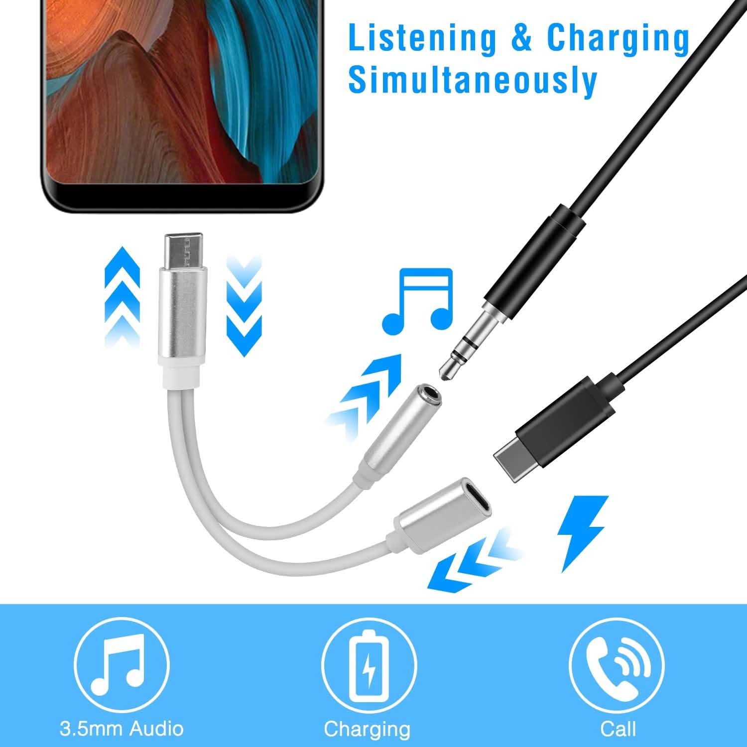 USB Type C to 3.5MM Aux Audio Charging Adapter