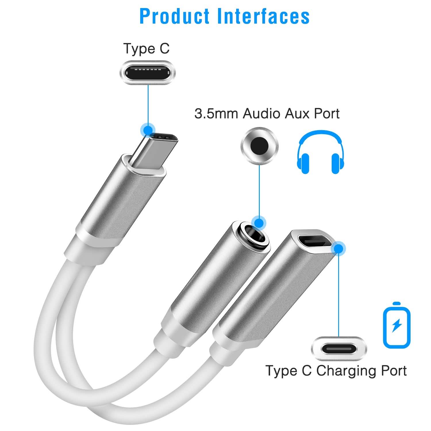 USB Type C to 3.5MM Aux Audio Charging Adapter