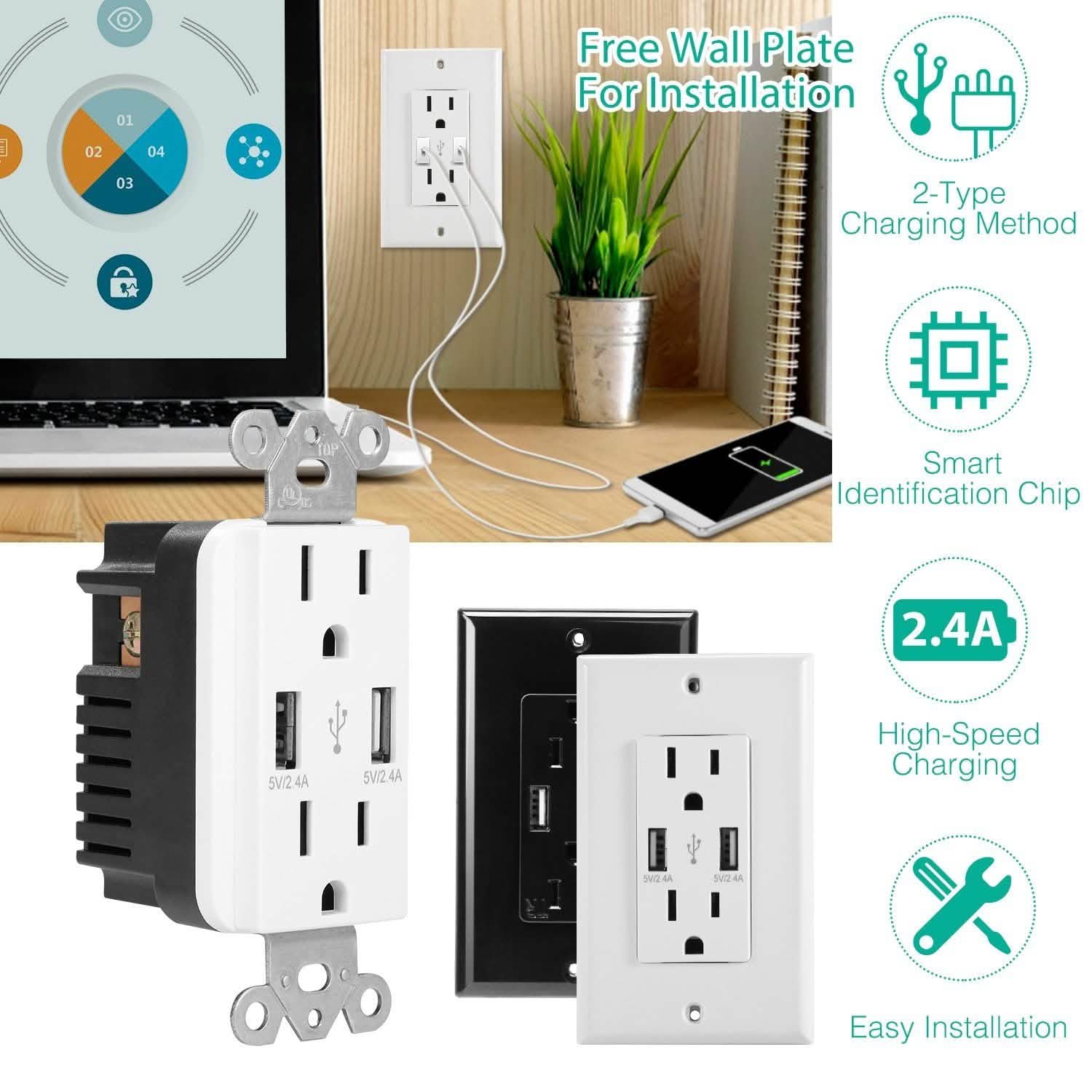USB Wall Outlet Dual 2.4A USB Wall Charger