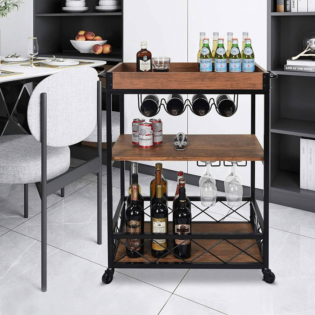 Usinso Industrial Rolling Bar Cart with 3 Tier Storage Shelves