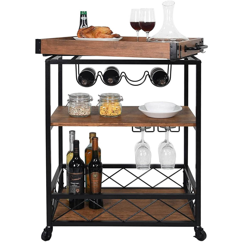 Usinso Industrial Rolling Bar Cart with 3 Tier Storage Shelves