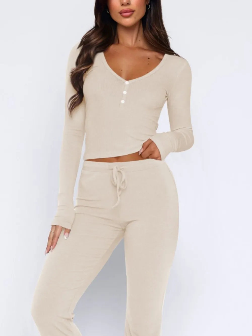 V-Neck Long Sleeve Top and Pants Set