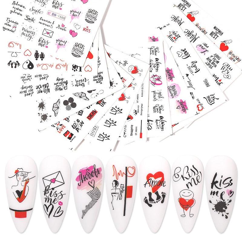 Valentines Heart Letter Flower Nail Stickers Sliders For Nails Water Decals Sticker Tips Manicure Decals for Nail Art Decoration Including Hearts Stars Letters Bowknot Leaves Flowers Plants Fruits Butterflies Nail Art Decoration
