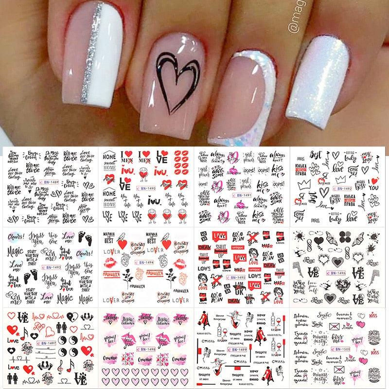 Valentines Heart Letter Flower Nail Stickers Sliders For Nails Water Decals Sticker Tips Manicure Decals for Nail Art Decoration Including Hearts Stars Letters Bowknot Leaves Flowers Plants Fruits Butterflies Nail Art Decoration