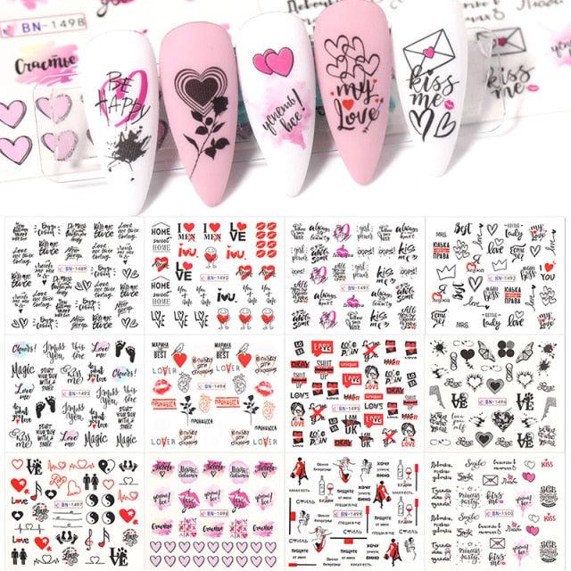 Valentines Heart Letter Flower Nail Stickers Sliders For Nails Water Decals Sticker Tips Manicure Decals for Nail Art Decoration Including Hearts Stars Letters Bowknot Leaves Flowers Plants Fruits Butterflies Nail Art Decoration