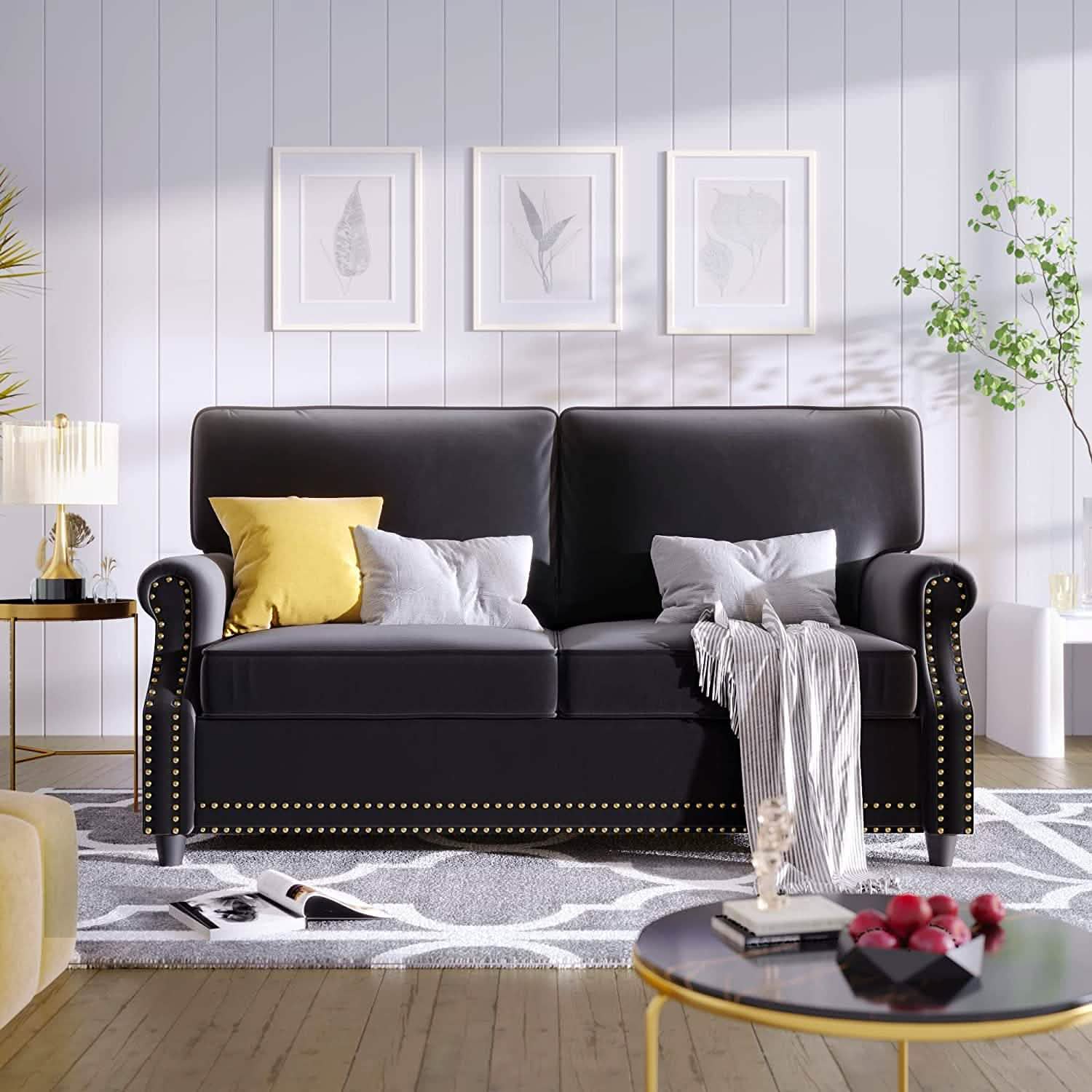 Velvet Roll Up Arm Chair Loveseat with Nail Head