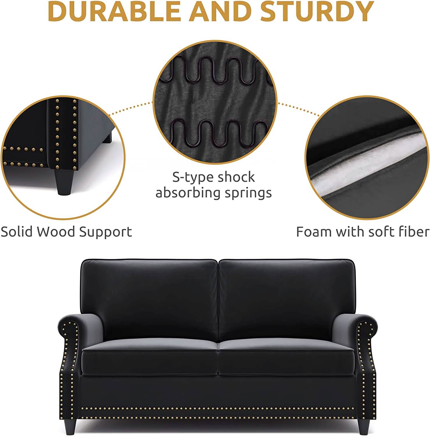 Velvet Roll Up Arm Chair Loveseat with Nail Head