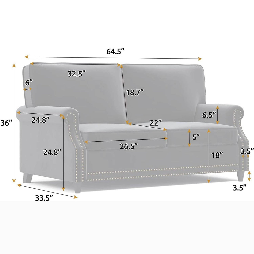 Velvet Roll Up Arm Chair Loveseat with Nail Head